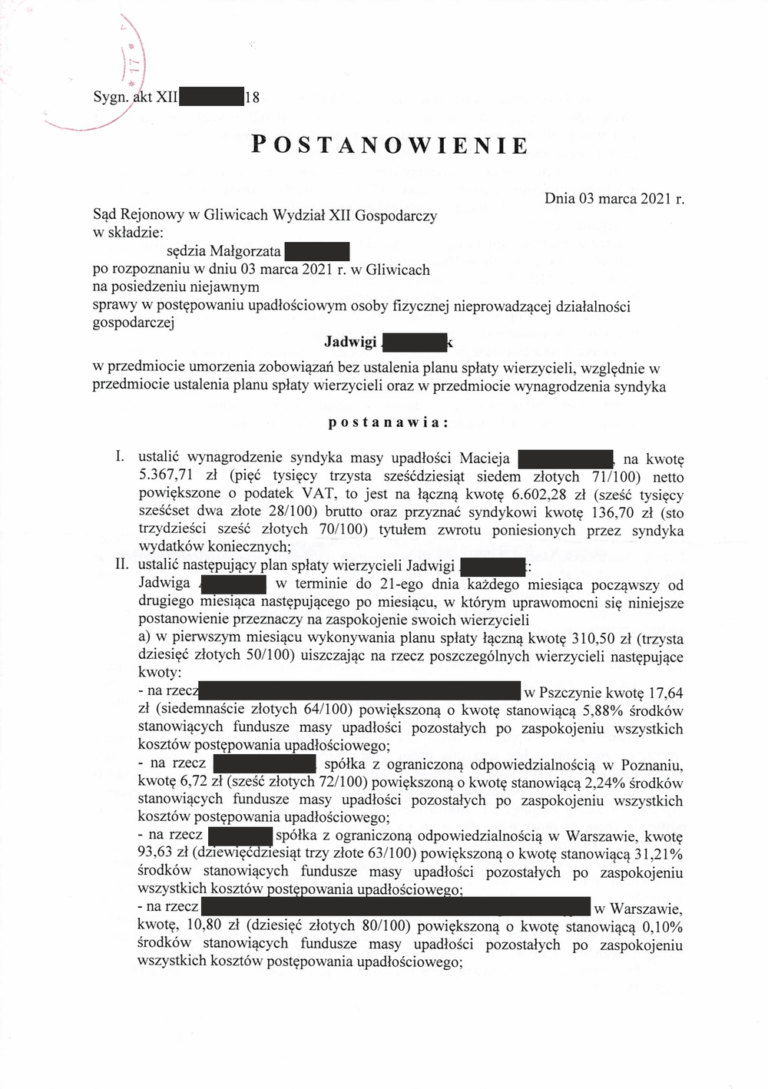Postanowienie sądu o ogłoszeniu upadłości