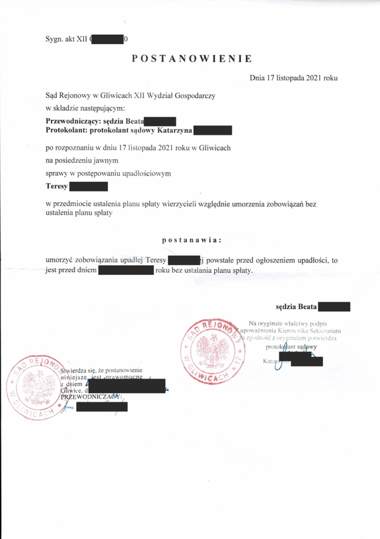 Postanowienie sądu o ogłoszeniu upadłości