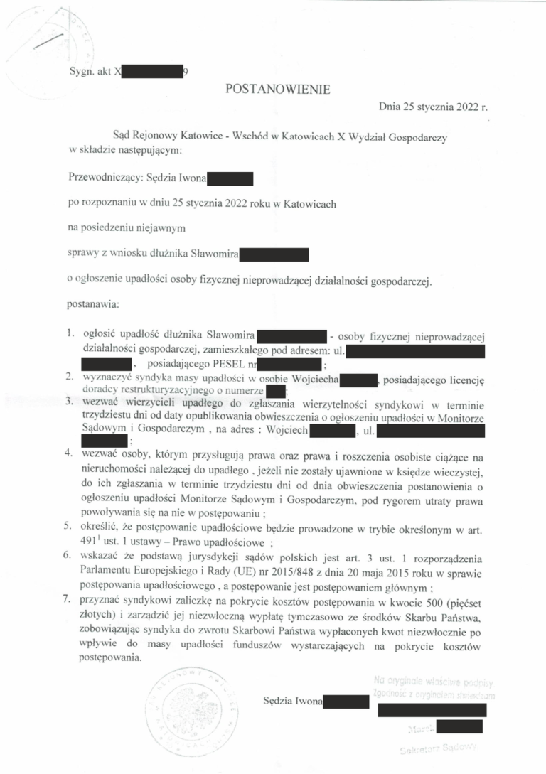 Postanowienie sądu o ogłoszeniu upadłości